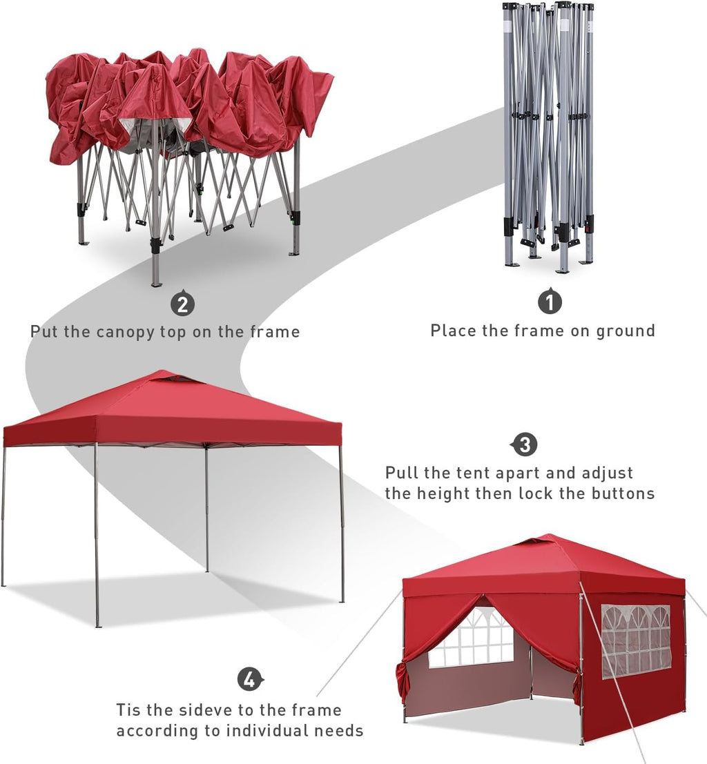 GDY 10x10ft Pop Up Canopy Tent with Sidewalls, Outdoor Canopy Tent, Beach Tent, Easy Set up Gazebo for Events, Parties, Camping, Red.