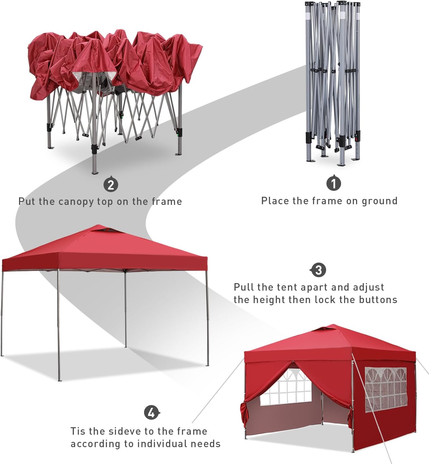 GDY 10x10ft Pop Up Canopy Tent with Sidewalls, Outdoor Canopy Tent, Beach Tent, Easy Set up Gazebo for Events, Parties, Camping, Red.
