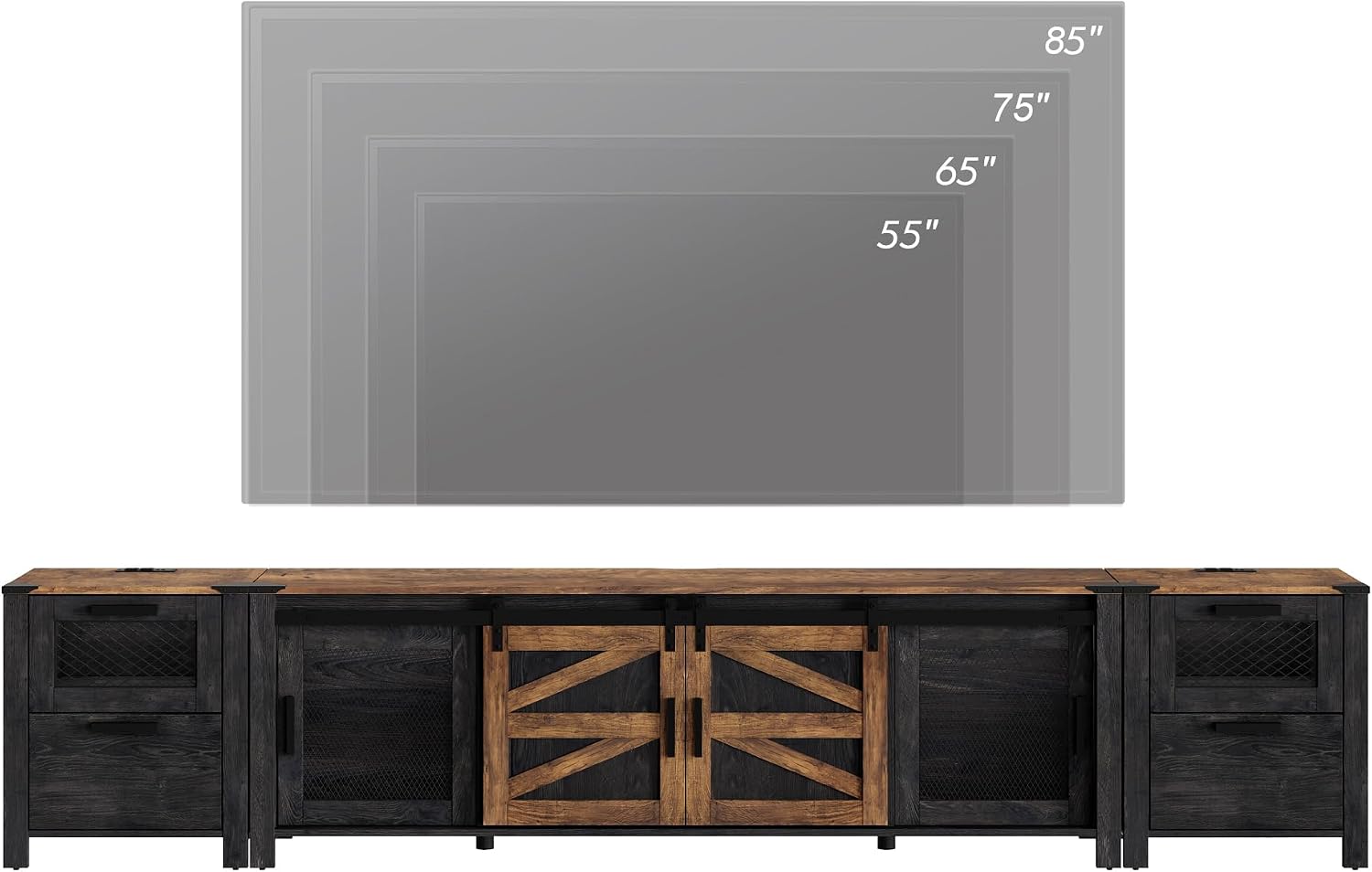 WAMPAT TV Stand Set for 85 inch TV with Charging Station, 3 in 1 Wood Entertainment Center TV Console Table for Living Room, Antique Black