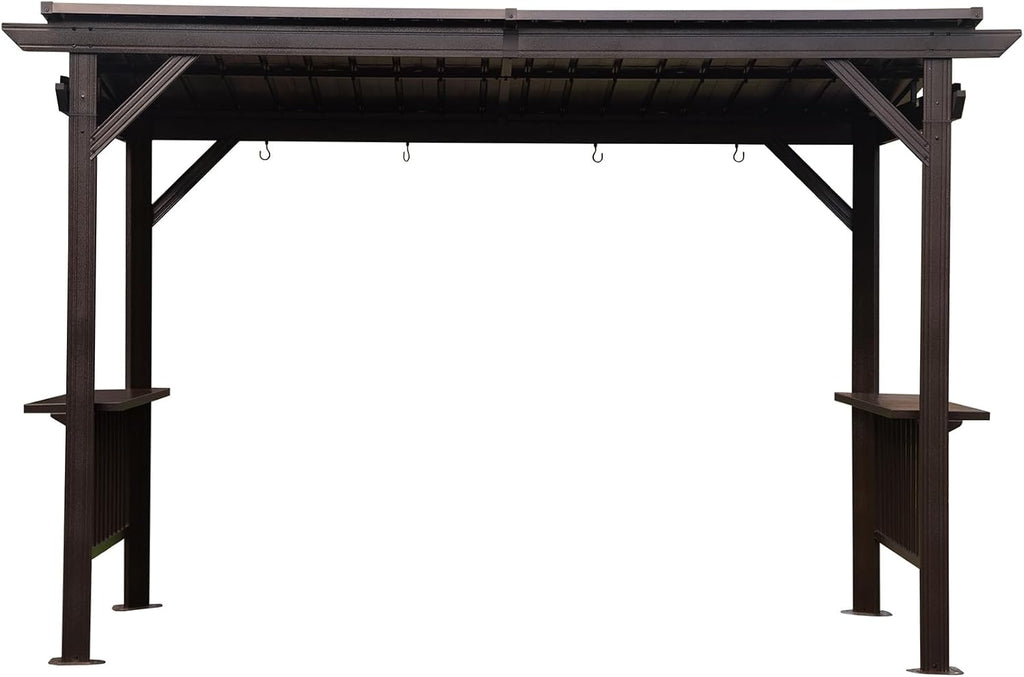 6.5x12FT Hardtop Grill Gazebo, Outdoor BBQ Gazebo with 2 Side Shelves and Sloping Galvanized Steel Roof, Metal Permanent Grill Canopy with Ceiling Hooks for Patio, Lawn, Backyard, Deck, Brown