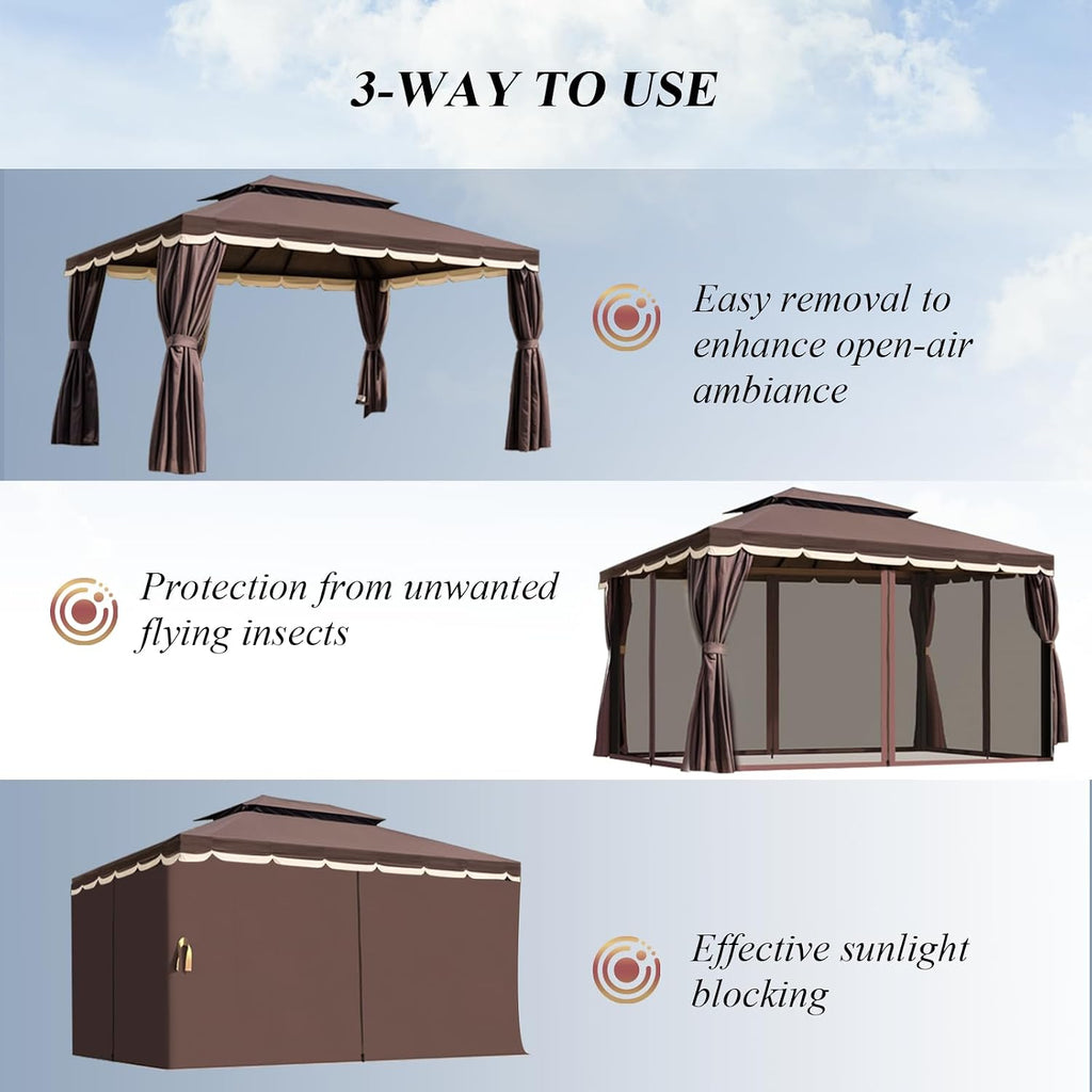 10x13 Gazebo for Patio, Outdoor Gazebo with Mosquito Netting & Curtains, Double Tier Roof Round Leg Marquee Canopy Shelter for Garden, Deck, Backyard, Lawn (D/DCO)
