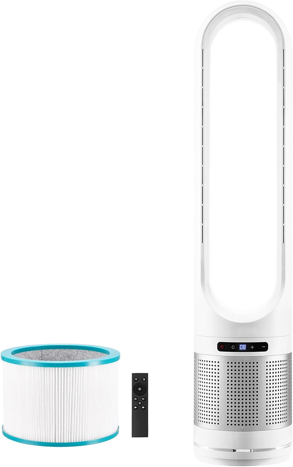 VEVOR Tower Fan Bladeless, 15.4ft/s Velocity Floor Fan that Blows Cold Air, 80° Oscillating 8-Speed Fans, 8H Timer, Standing Fans with H13 HEPA Filtration, Remote Control & Air Purification Mode