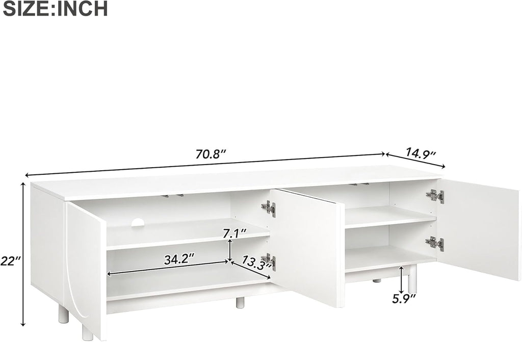 ON-TREND Graceful TV Stand with Arch Cabinets for TVs Up to 78'', Minimalist Entertainment Center with Solid Wood Legs, Practical Media Console with Adjustable Shelves for Living Room, White