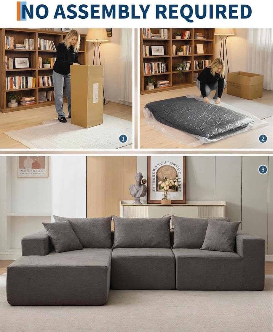 Garvee 108' Modular Sectional Sofa,Cloud Couch Sectional with Left Chaise | Compressed l Shaped Sofa for Living Room | Boneless Couch & Sofa Bed Design,No Assembly Required, Gray