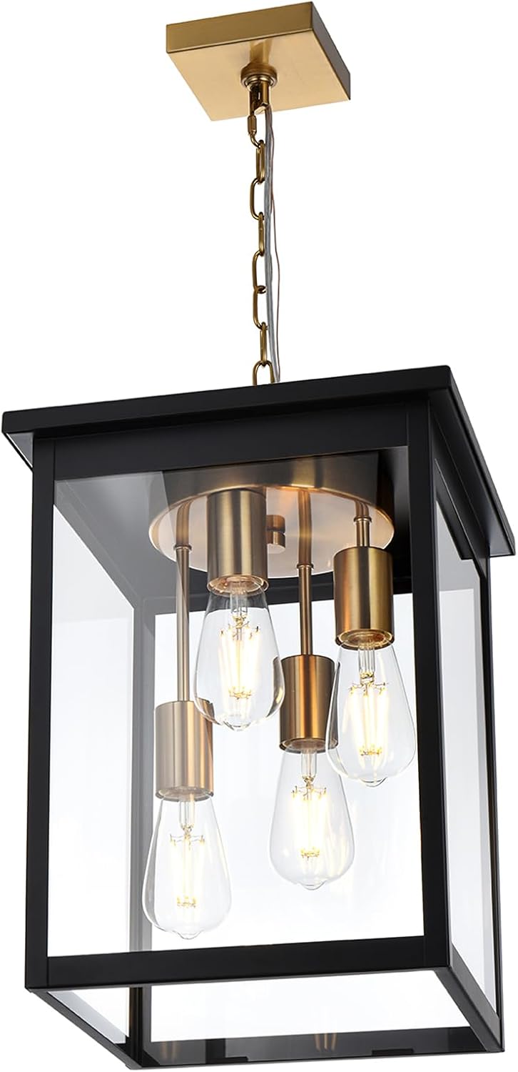 Yaohong Large Outdoor Pendant Light, 4-Lights Black and Brushed Brass Exterior Hanging Porch Chandelier Lantern with Clear Glass, Outdoor Ceiling Light Fixture for Entryway Gazebo Patio