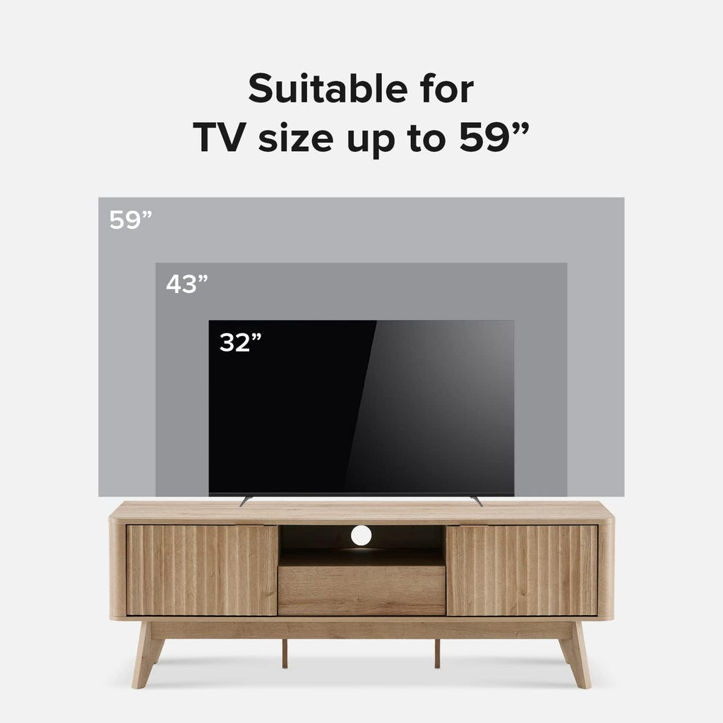 mopio Brooklyn Mid-Century Modern TV Stand, for TVs up to 50' / 59' Waveform Panel, Sleek Curved Profile with Adjustable Shelf and Sturdy Box Frame Leg (Golden Oak, 57')