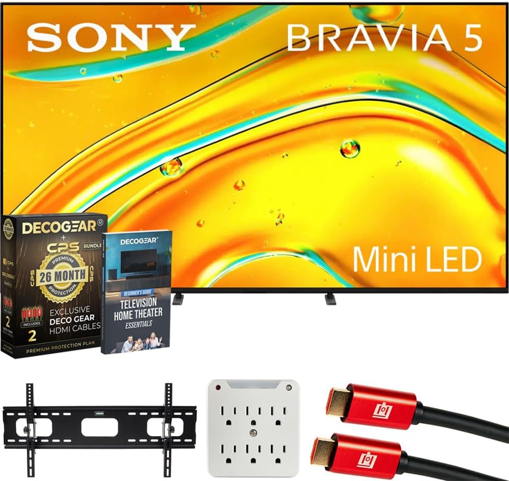 Sony K85XR50 BRAVIA 5 85' Mini LED 4K HDR TV (2025) Bundle with CPS Exclusive 26 Month Protection, Wall Mount, 2X HDMI Cables, Surge Adapter & Deco Gear Complete Home Theater Beginner's Guidebook