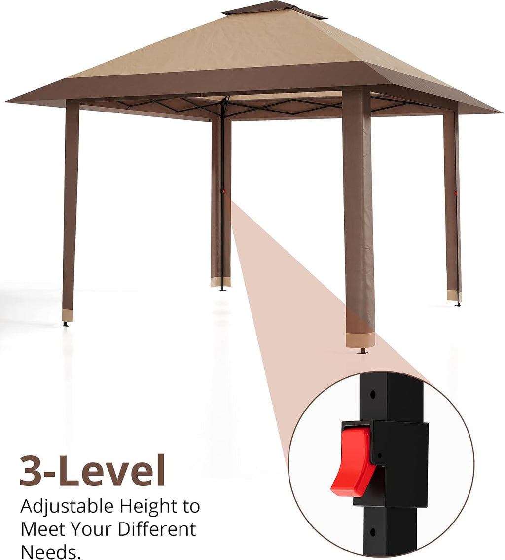 13x13 Pop Up Gazebo, Outdoor Canopy Tent with Double Roof and Mesh Netting, Gazebo Tent with Large Space and Adjustable Height for Backyard, Garden, Patio, Lawn, Khaki + Light Khaki