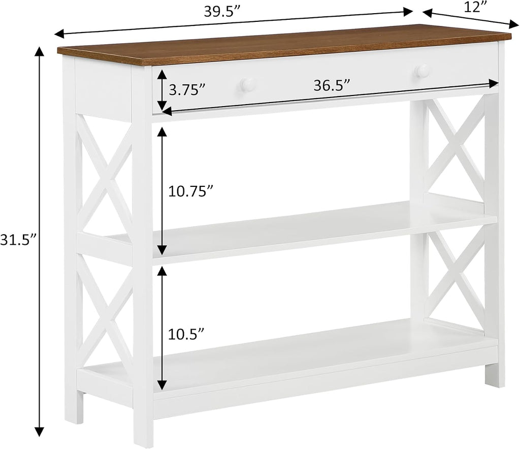 Convenience Concepts Oxford 1-Drawer Console Table 39.5' - Farmhouse Sofa Display with Storage Shelf For Living, Family, & Dining Room, Modern Entryway Hall Table for Kitchen, Bedroom, Driftwood/White