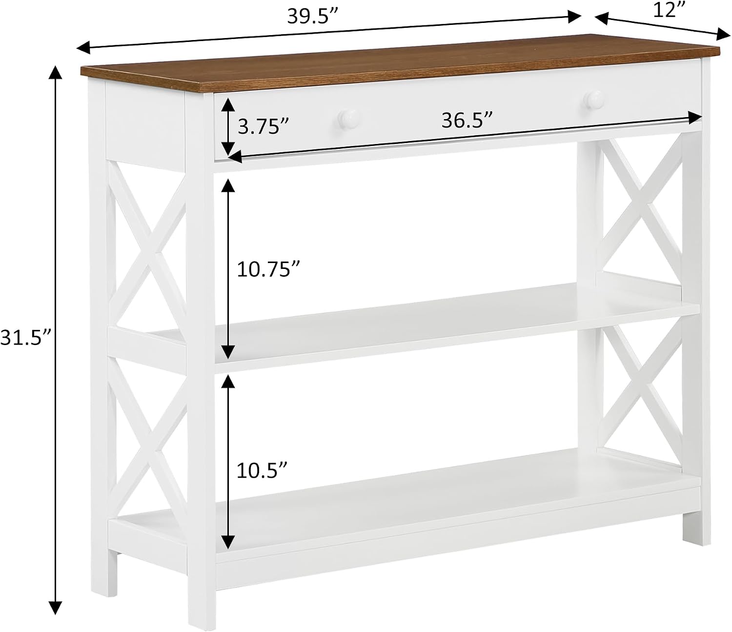 Convenience Concepts Oxford 1-Drawer Console Table 39.5' - Farmhouse Sofa Display with Storage Shelf For Living, Family, & Dining Room, Modern Entryway Hall Table for Kitchen, Bedroom, Driftwood/White