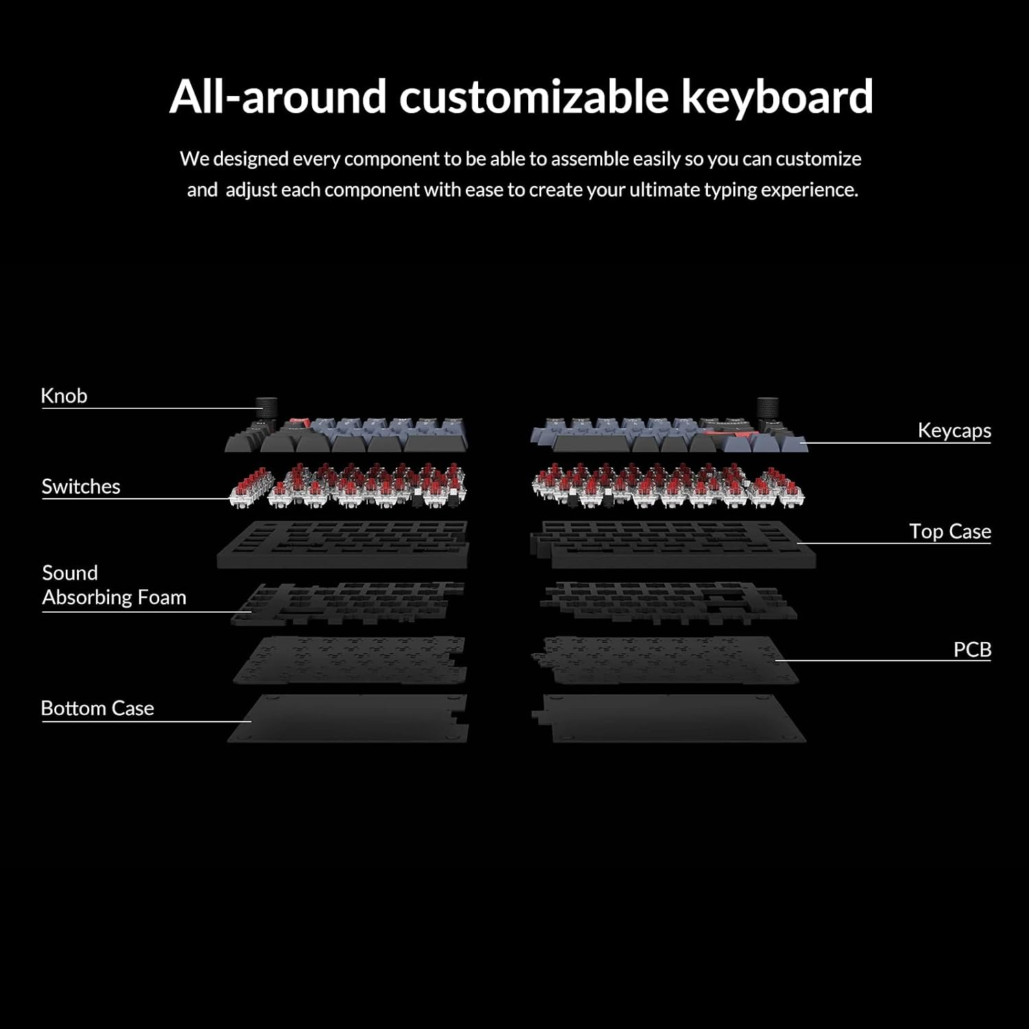 Keychron Q11 QMK/VIA TKL Split Keyboard Ergonomic, 91 Keys 75% Layout Wired Mechanical Gaming Keyboard Mac & Windows with Full Alu Frame, PBT Keycaps & Knobs, Hot-Swappable Keycrhon Super Red Switch