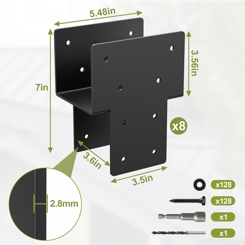 4x4 Post Caps Tie Brackets (Actual 3.5'x3.5') -8 Pack Heavy Duty Galvanized Steels Pergola Connector Brackets for Wood Posts, Gazebo & Deck Beams (Black)