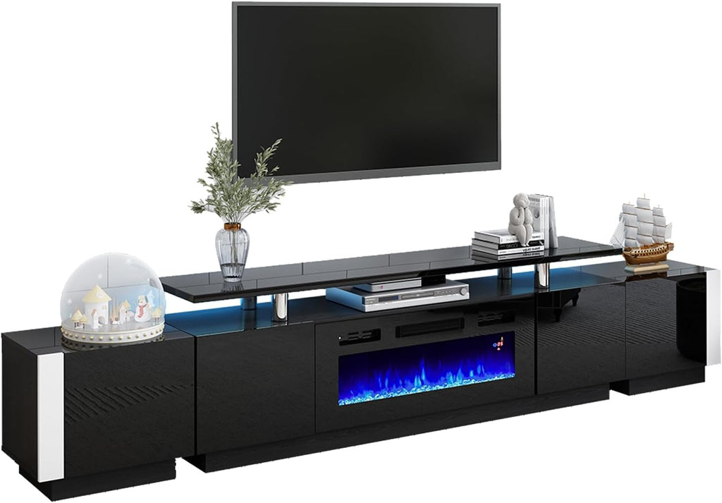 AMERLIFE 110' Large Fireplace TV Stand Set with 36' Electric Fireplace, Includes 70' 2-Tier Fireplace TV Stand, 2 x End Tables, Modern High Gloss TV Console with LED Light for Living Room, Black