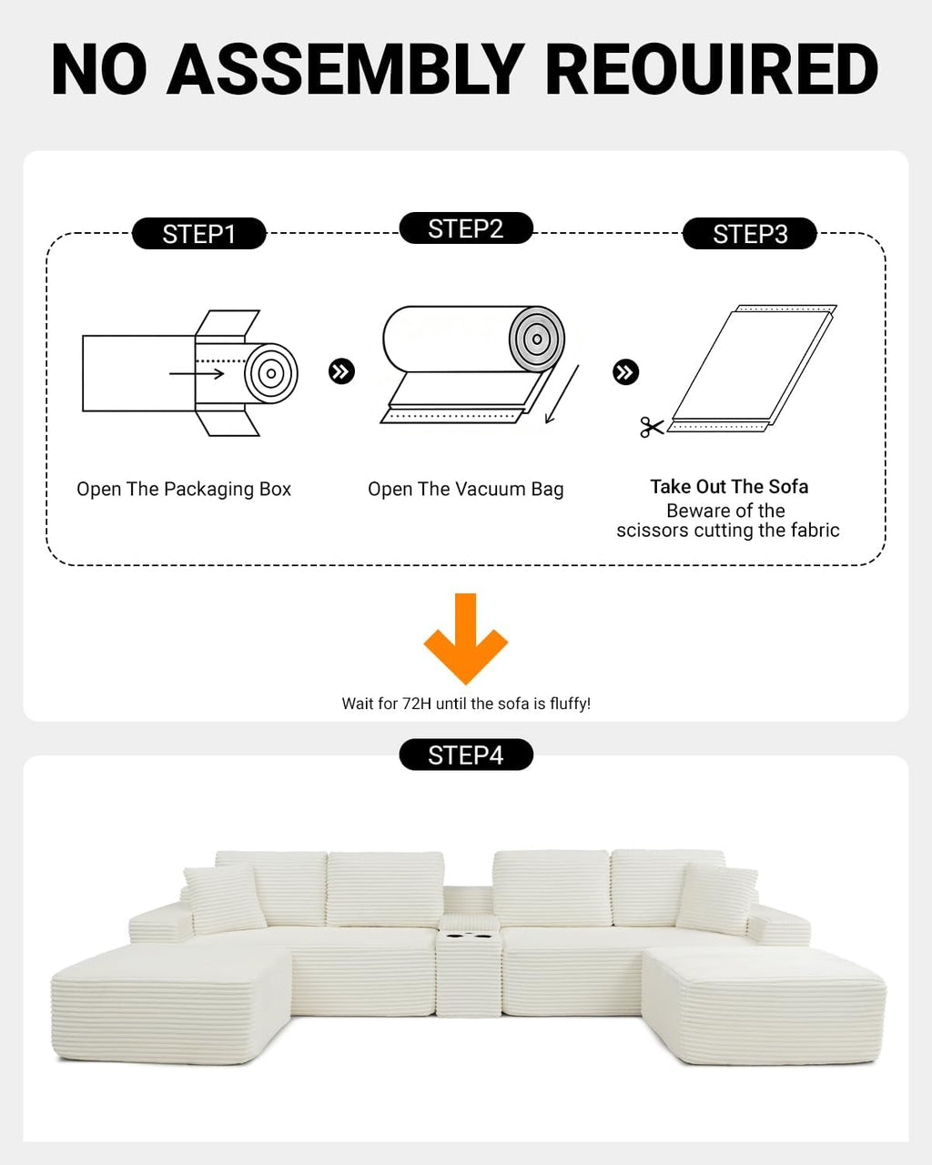 150' Oversized Modular Sectional Sofa, Deep Seat Cloud L-Shape Corduroy Couch with Cup Holders, USB Ports, Wireless Charging & Storage Box, Upholstered Modular Sleeper Sofa for Living Room (Beige)