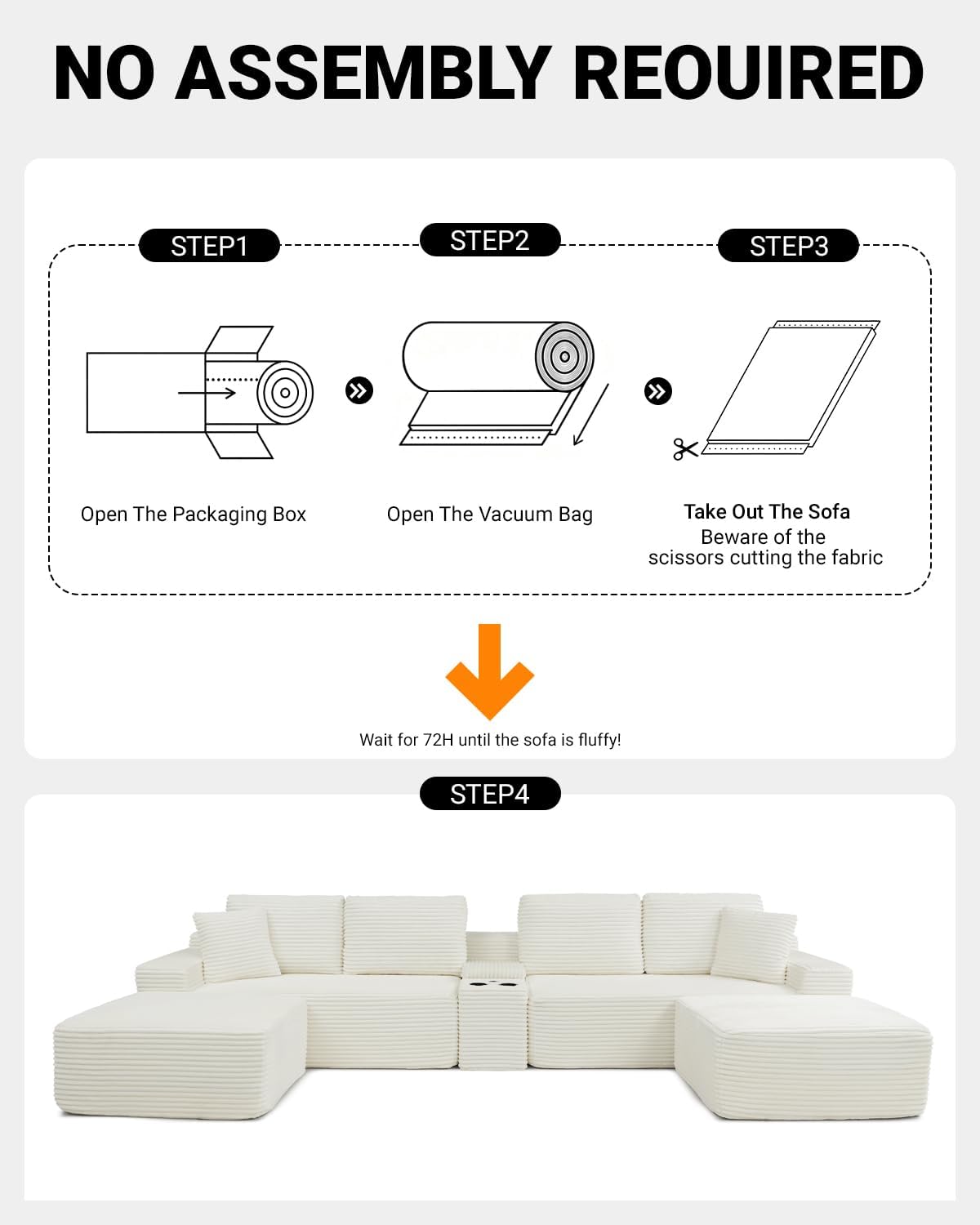 150' Oversized Modular Sectional Sofa, Deep Seat Cloud L-Shape Corduroy Couch with Cup Holders, USB Ports, Wireless Charging & Storage Box, Upholstered Modular Sleeper Sofa for Living Room (Beige)