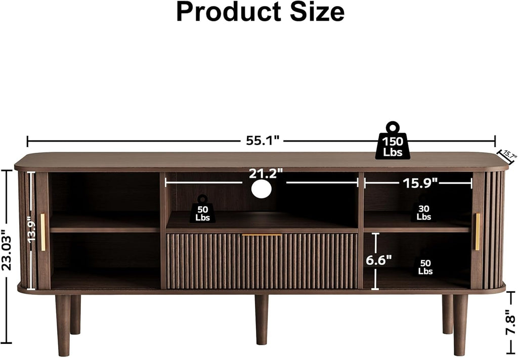 Fluted TV Stand for TVs Up to 60 Inch, 55' Mid-Century Entertainment Center with Sliding Doors&Drawer, Modern Media Console for Living Room, Walnut (55.1' L*15.7*W*23' H)