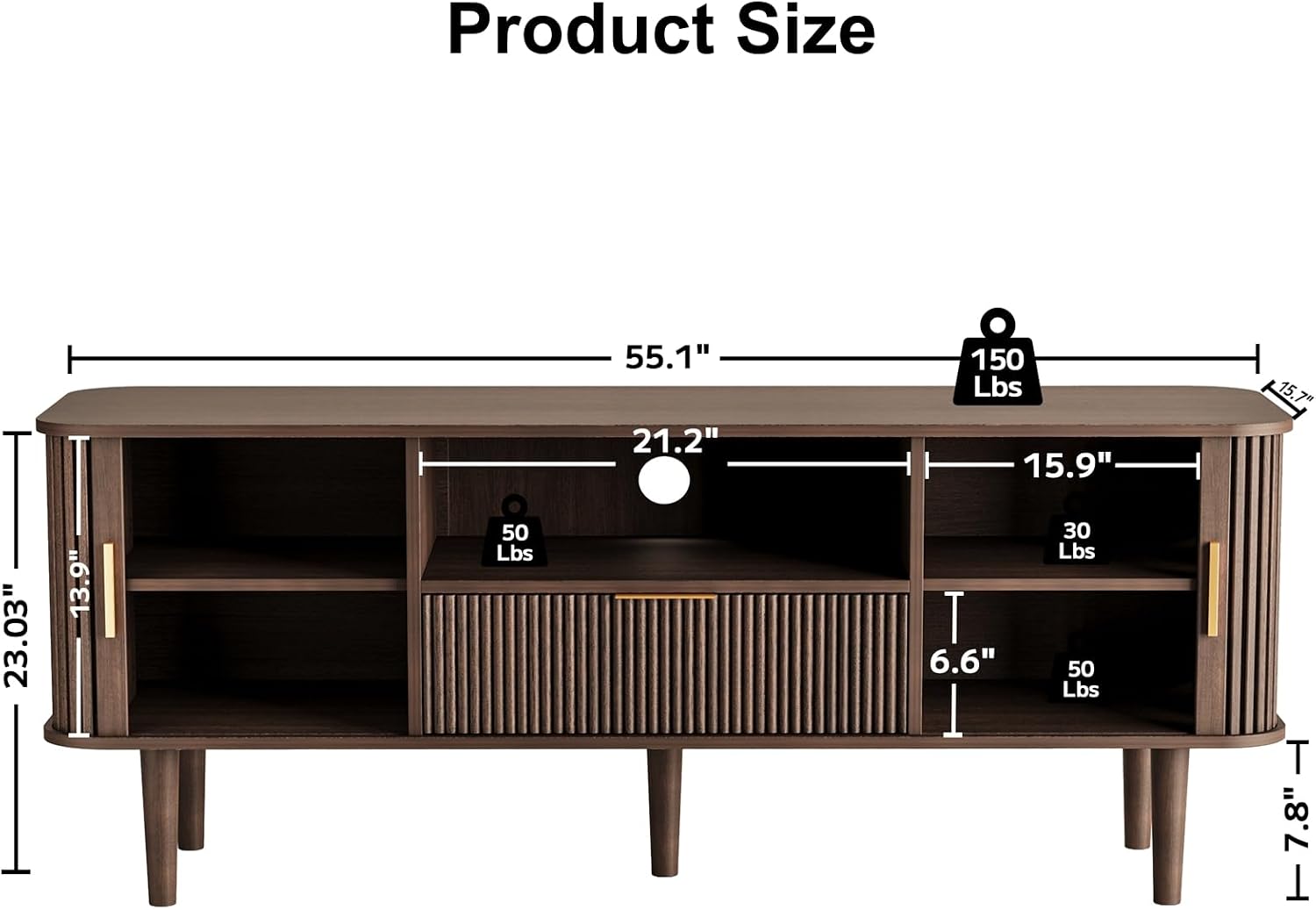 Fluted TV Stand for TVs Up to 60 Inch, 55' Mid-Century Entertainment Center with Sliding Doors&Drawer, Modern Media Console for Living Room, Walnut (55.1' L*15.7*W*23' H)