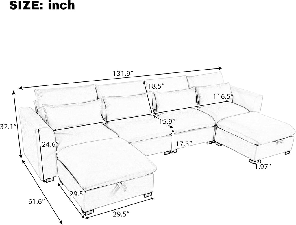U-Shaped Modular Sofa Freely Transformable Living Room Corner Couch with Two Ottomans, Suitable for Home