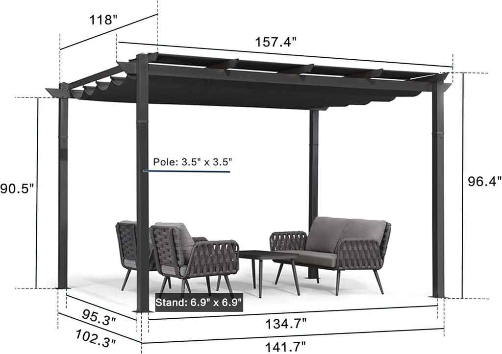 PURPLE LEAF Outdoor Retractable Pergolawith Curtains 10' x 13' Patio Aluminum Pergola with Sun Shade Canopy for Backyard Deck Garden Modern Metal Grill Gazebo, Gray