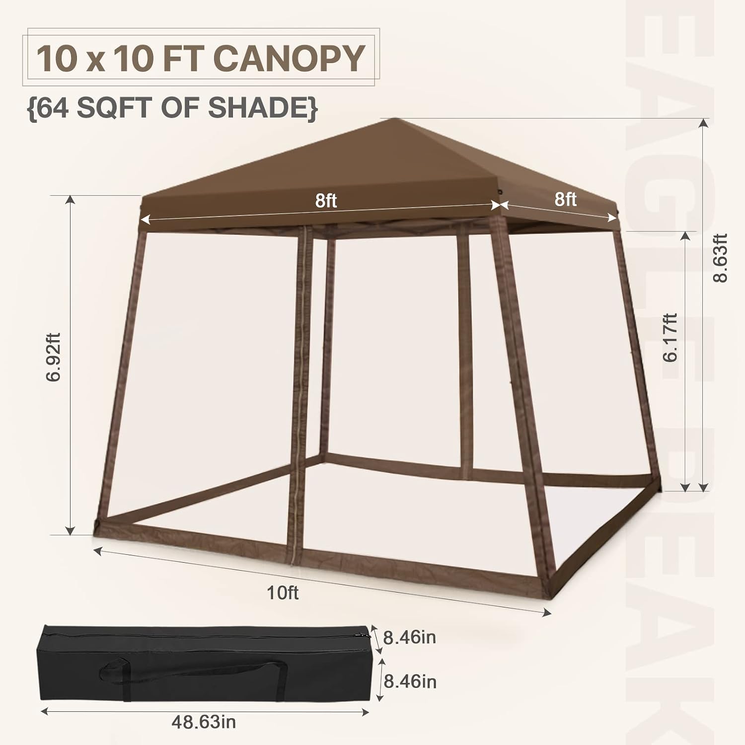 COOS BAY 10x10 Pop Up Canopy Tent with Screen Netting, Slant Leg Canopy with UPF 50+ UV Protection, 64 Sq Ft Shade, One Person Setup with Carry Bag, Brown