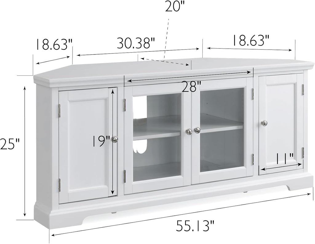 Leick Home Mateo Corner TV Stand, for 65 in. TV, 2 Glass Doors and 2 Soild Doors, White, 85386