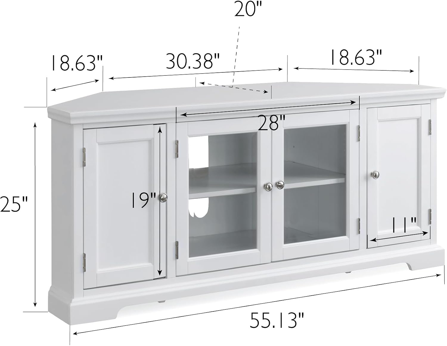 Leick Home Mateo Corner TV Stand, for 65 in. TV, 2 Glass Doors and 2 Soild Doors, White, 85386