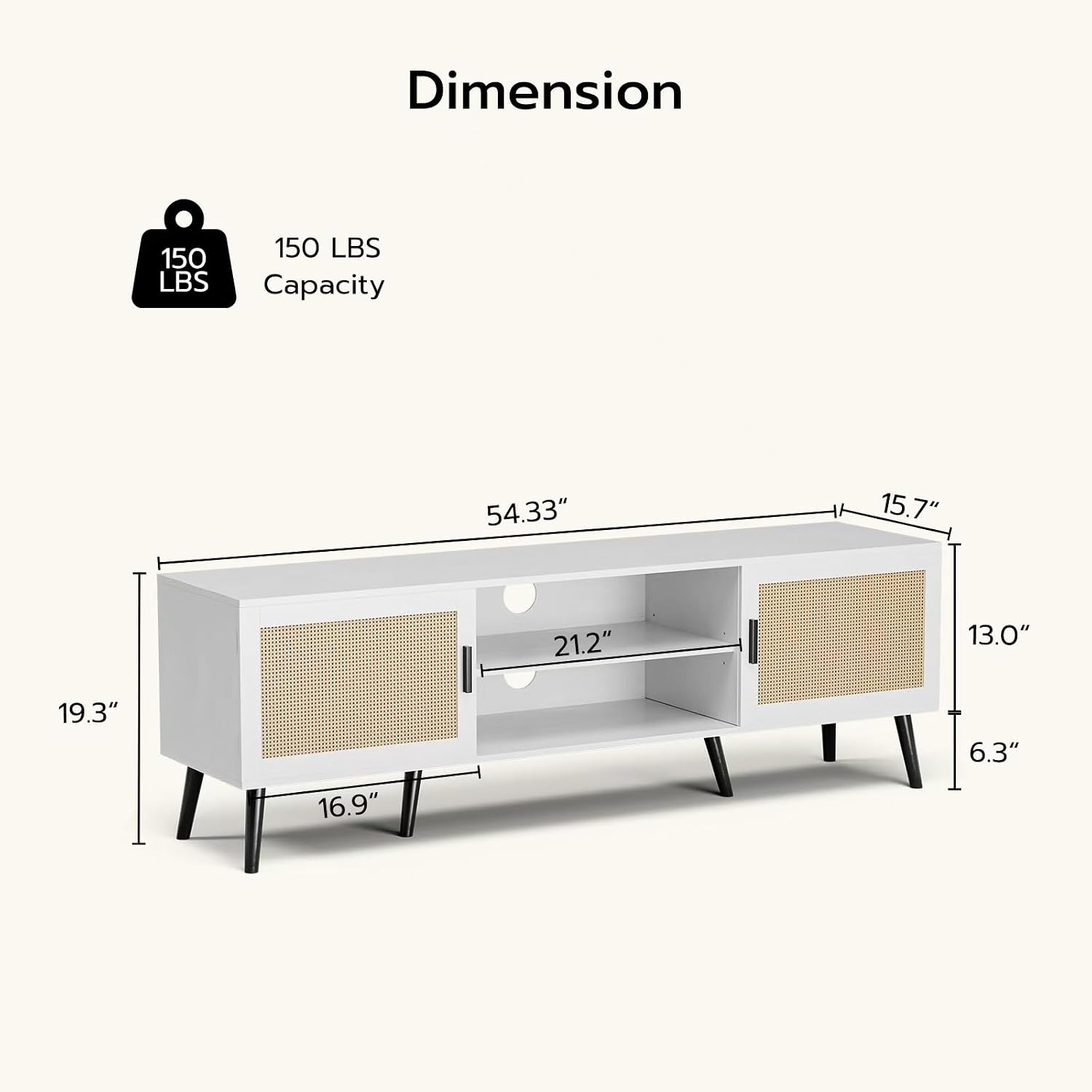 ZttRiee TV Stand for TVs up to 65'', Mid Century Modern Entertainment Center with Rattan Door, Shelves & 2 Cabinets, Boho Media TV Console for Living Room, Bedroom, White