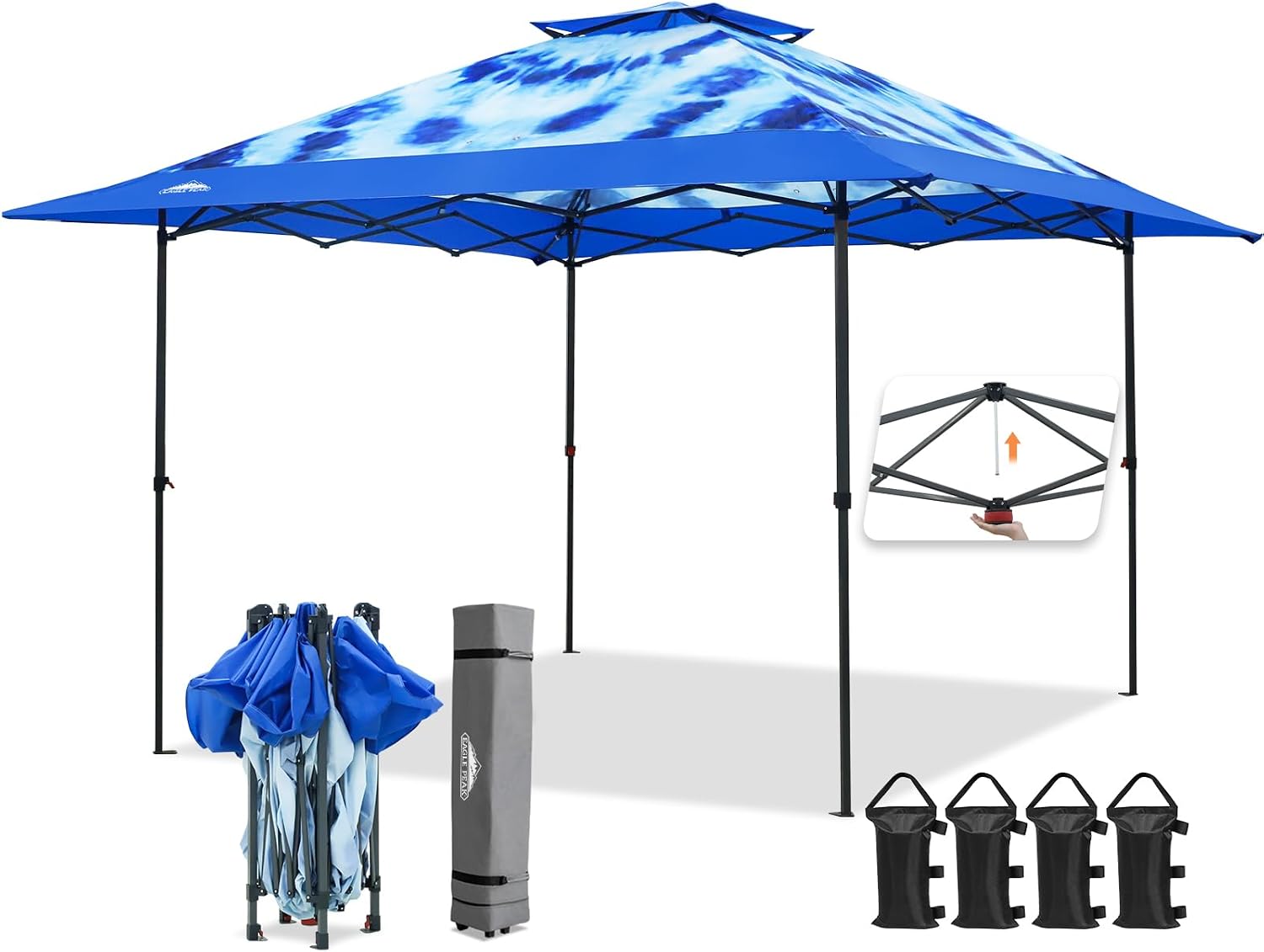 EAGLE PEAK 13x13 Straight Leg Pop Up Canopy Tent Instant Outdoor Canopy Easy Single Person Set up Folding Shelter w/Auto Extending Eaves 169 Square Feet of Shade (Tie Dye Blue)