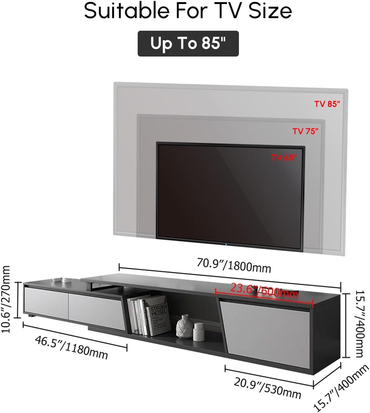 homary Extendable TV Stand with 3 Drawers Minimalist Rectangle Entertainment Center TV Console Up to 110' (70.9'W-110.2'W) (Gray)
