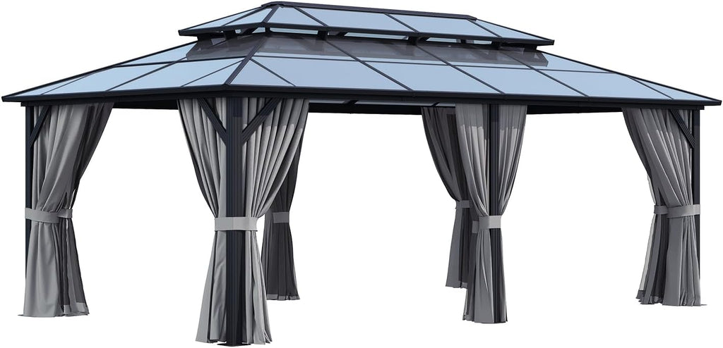 12 * 20ft Double Roof Gazebo with Dark Gray Polycarbonate Panels, Sturdy Aluminum Frame, Weather-Resistant Pavilion with Curtains for Outdoor Patio, Garden, and Backyard