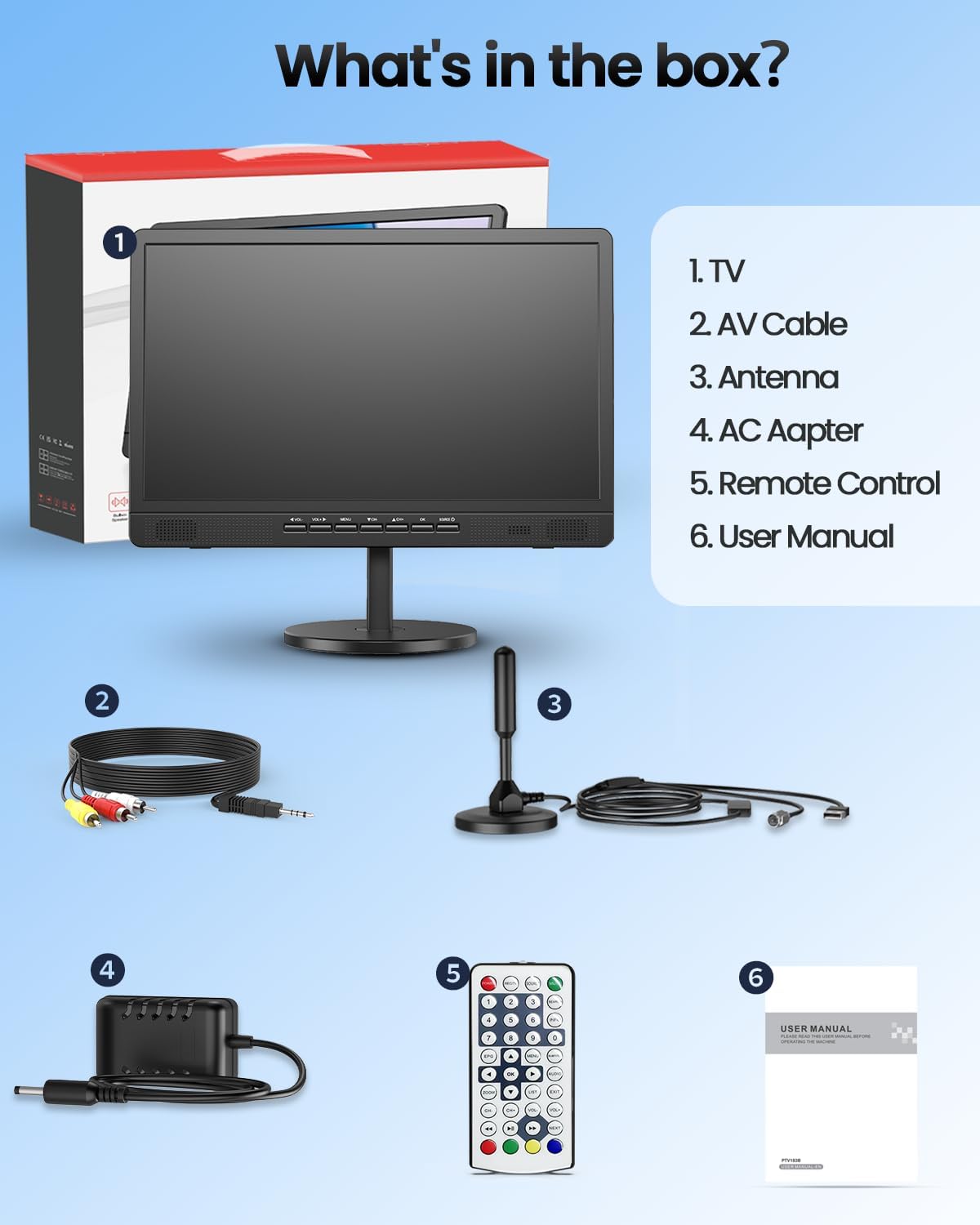 Desobry 18.5' Portable TV with Antenna, 6500mAh Rechargeable Portable Monitor with 1080P HDMI Input, AV Input, USB, Small TV for Travel, Camping, Kitchen, Bedroom, RV, Power Outage