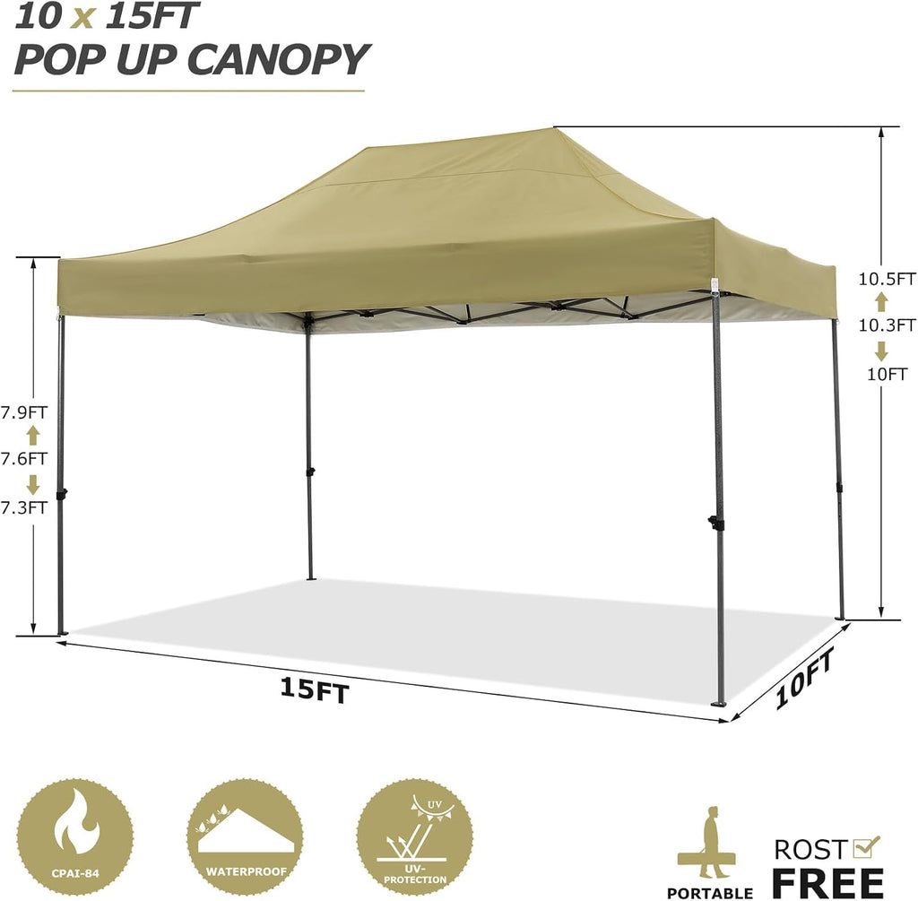 COBIZI 10x15 Pop Up Canopy Without Sidewall,Heavy Duty Canopy UPF 50+ All Season Wind Waterproof Commercial Outdoor Wedding Party Tents for Parties Gazebo with Carry Bag(10 x 15 ft Khaki)