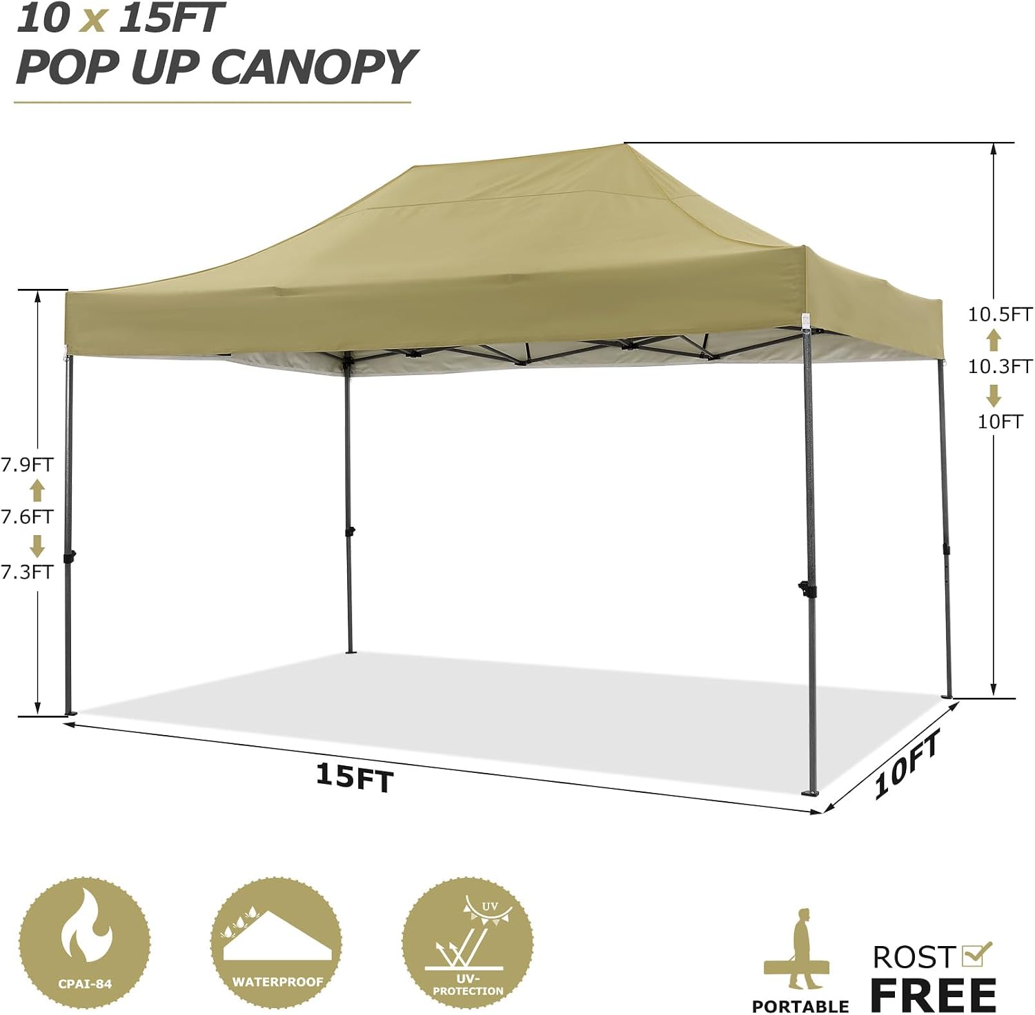 COBIZI 10x15 Pop Up Canopy Without Sidewall,Heavy Duty Canopy UPF 50+ All Season Wind Waterproof Commercial Outdoor Wedding Party Tents for Parties Gazebo with Carry Bag(10 x 15 ft Khaki)