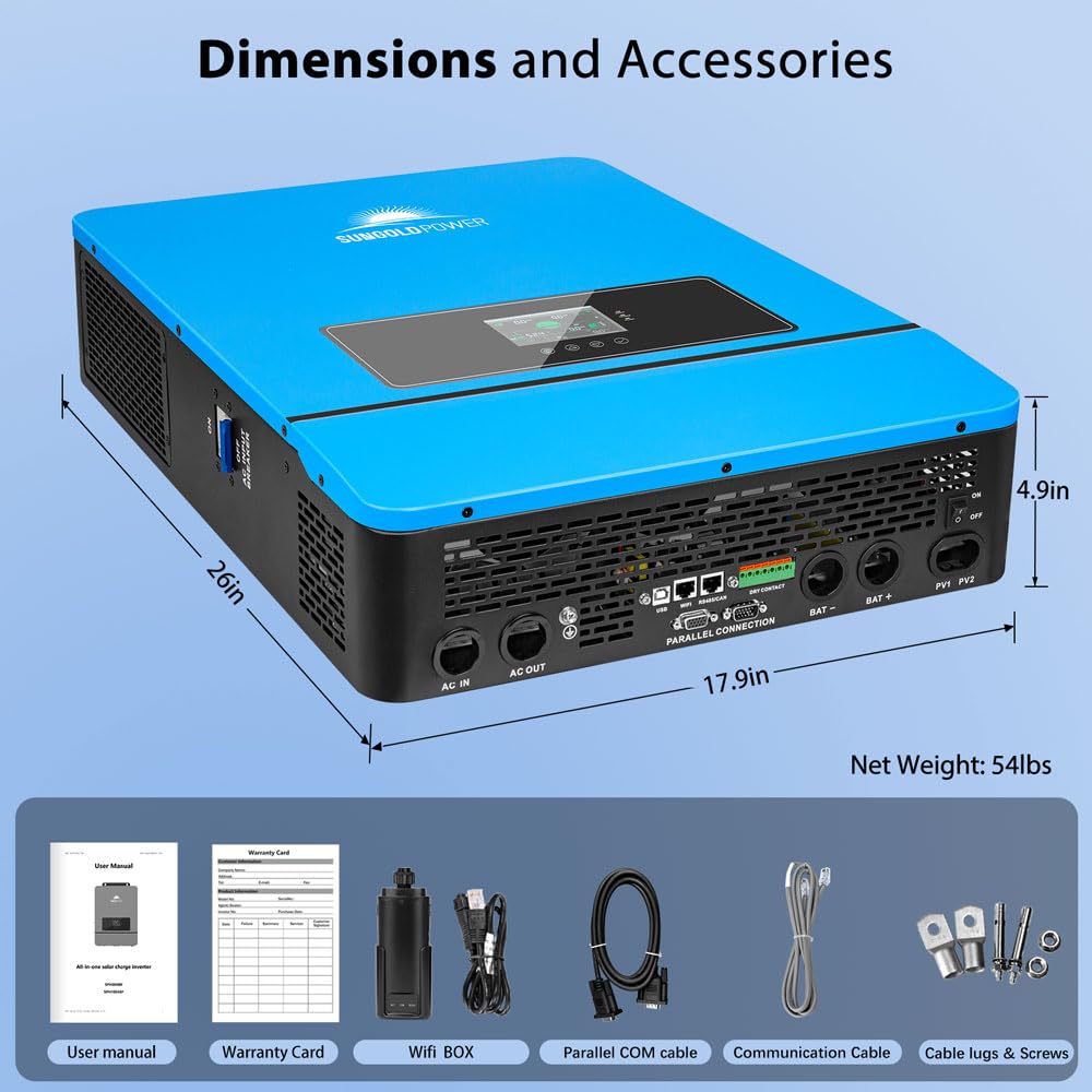SUNGOLDPOWER 10000W DC 48V UL1741 Solar Inverter,Support Parallel, Built-in 2 MPPT Solar Controllers, Max. 200A Battery Charging, AC Input/Output 120V/240V(settable) Inverter Charger(10000W DC 48V)