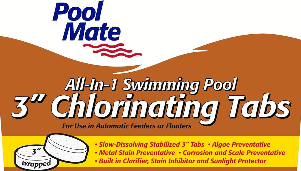 Pool Mate 7-Pounds All-in-1 Swimming Pool 3 Inch Chlorinating Tabs, Chlorine Tablets 3 Inch, Sanitizer, Clarifier, Stain Inhibitor, Algae Control, Descaler, Sunlight Protector All in One, Made in USA