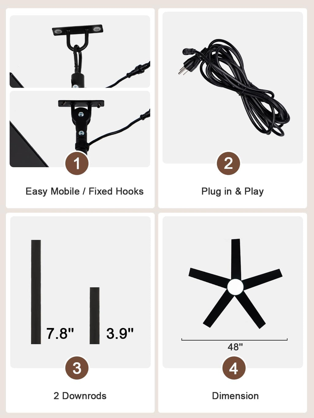 Bella Depot 48' Outdoor Ceiling Fan Black Waterproof Gazebo Fan with Light Smart App Remote Control Hanging Fan for Outside Patios Pergola Tent Plug-in Design Adjustable Brightness (48'- Black)