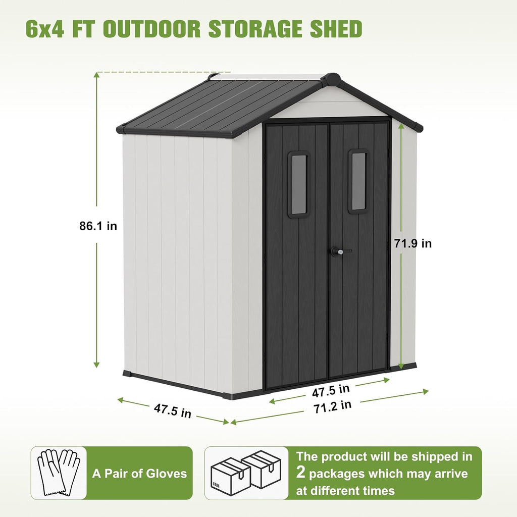 COOS BAY 6x4 Outdoor Storage Shed with Floor, Lockable Doors, All-Weather Resin Garden Tool Shed, White/Gray
