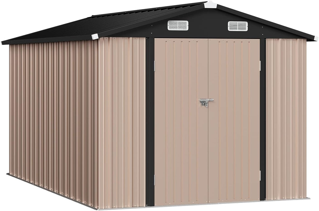 8x12FT A-Frame Metal Shed with Base Included, Brown Outdoor Tool Storage Building, Durable and Weather-Resistant, Perfect for Backyard, Garden, or Lawn