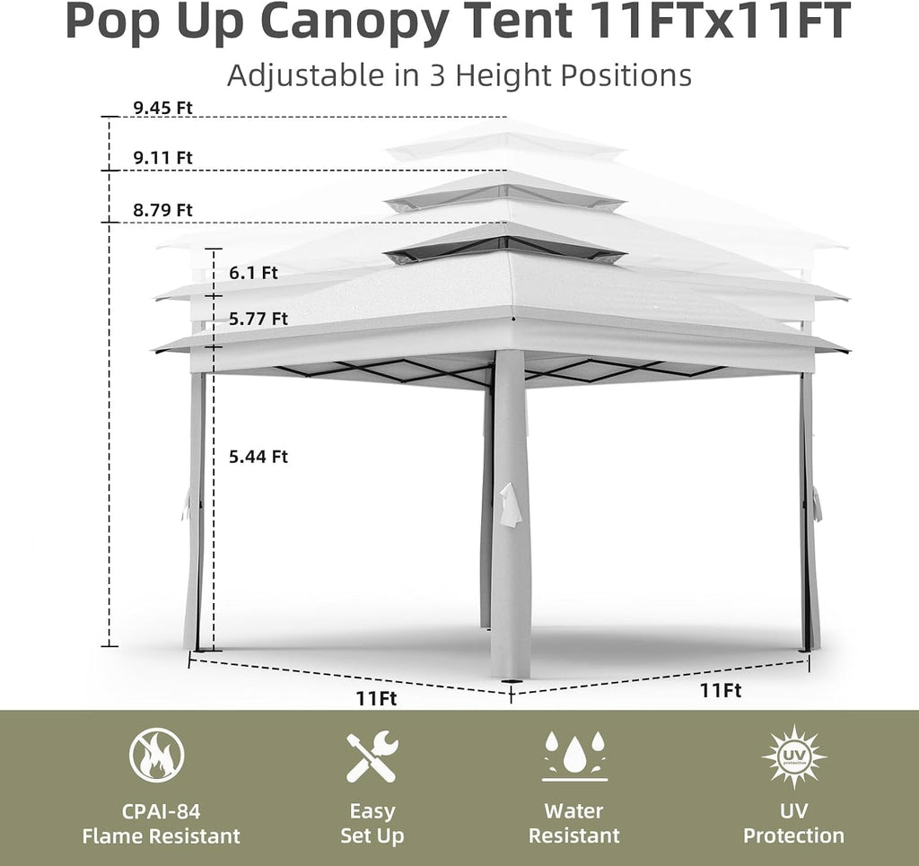 11x11Ft Pop Up Gazebo with Mosquito Netting, Outdoor Heavy Duty Instant Canopy with Sturdy Metal Frame & Double Roofs, Patio Shelter for Backyard, Garden, Lawn, Deck