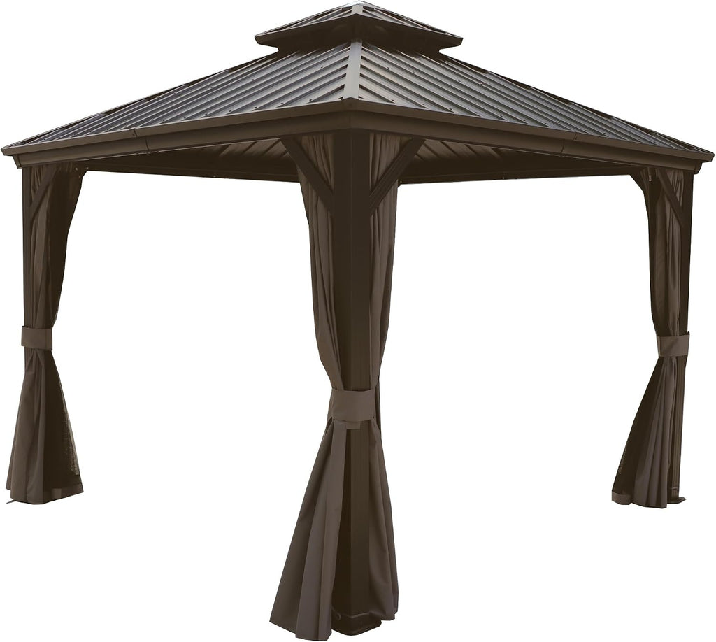 Kozyard Caesar 10'x10' Hardtop Gazebo - Permanent Metal Pavilion with Netting and Shaded Curtains for Patio, Backyard, and Deck - Galvanized Steel Outdoor Aluminum Canopy, Double Roof Gazebo (Brown)
