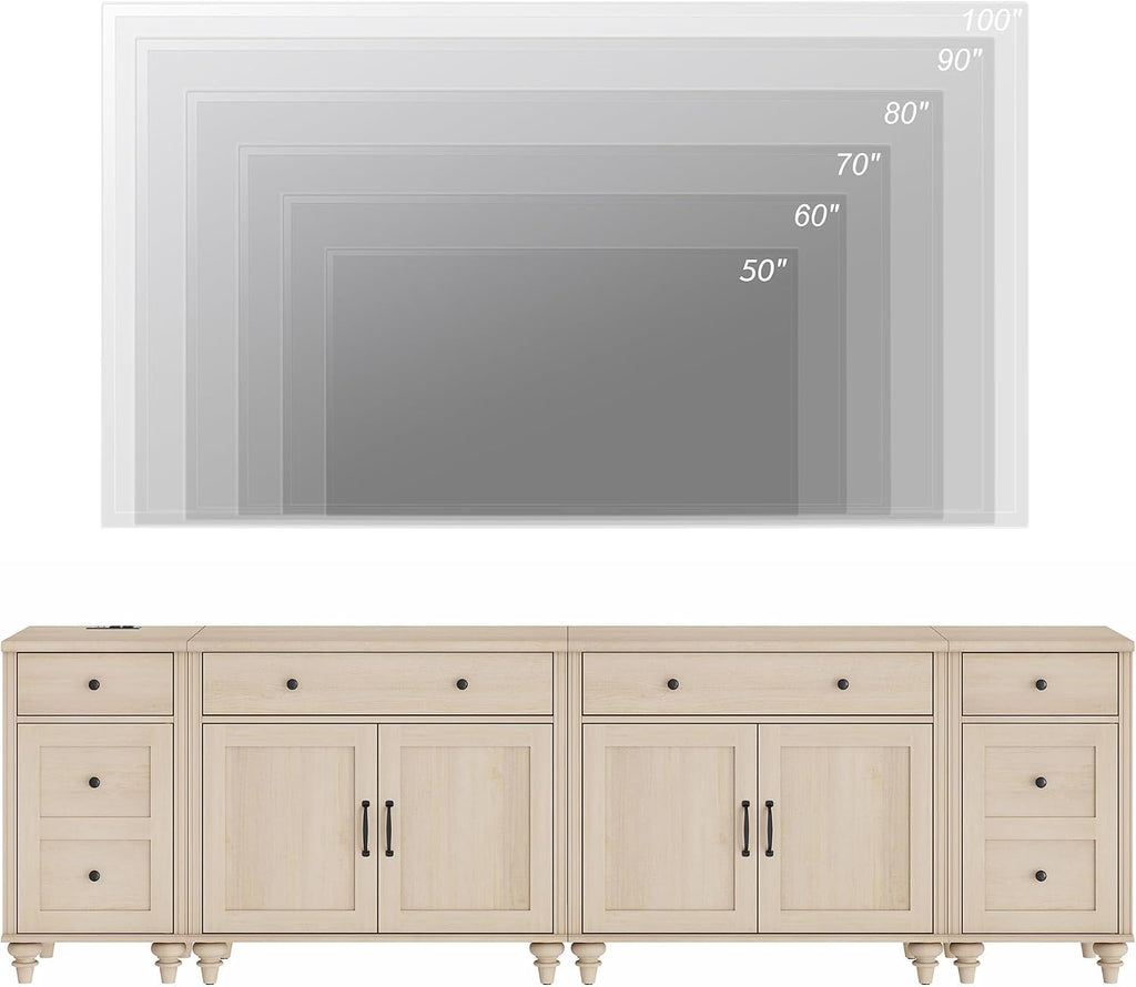 WAMPAT Farmhouse TV Stand for 100 Inch TV, 4-in-1 TV Console Table for 75/80/85/90 Inch TV, Entertainment Center with Charging Station, Kitchen Sideboard Buffet Cabinet for Dining Room, Light Oak