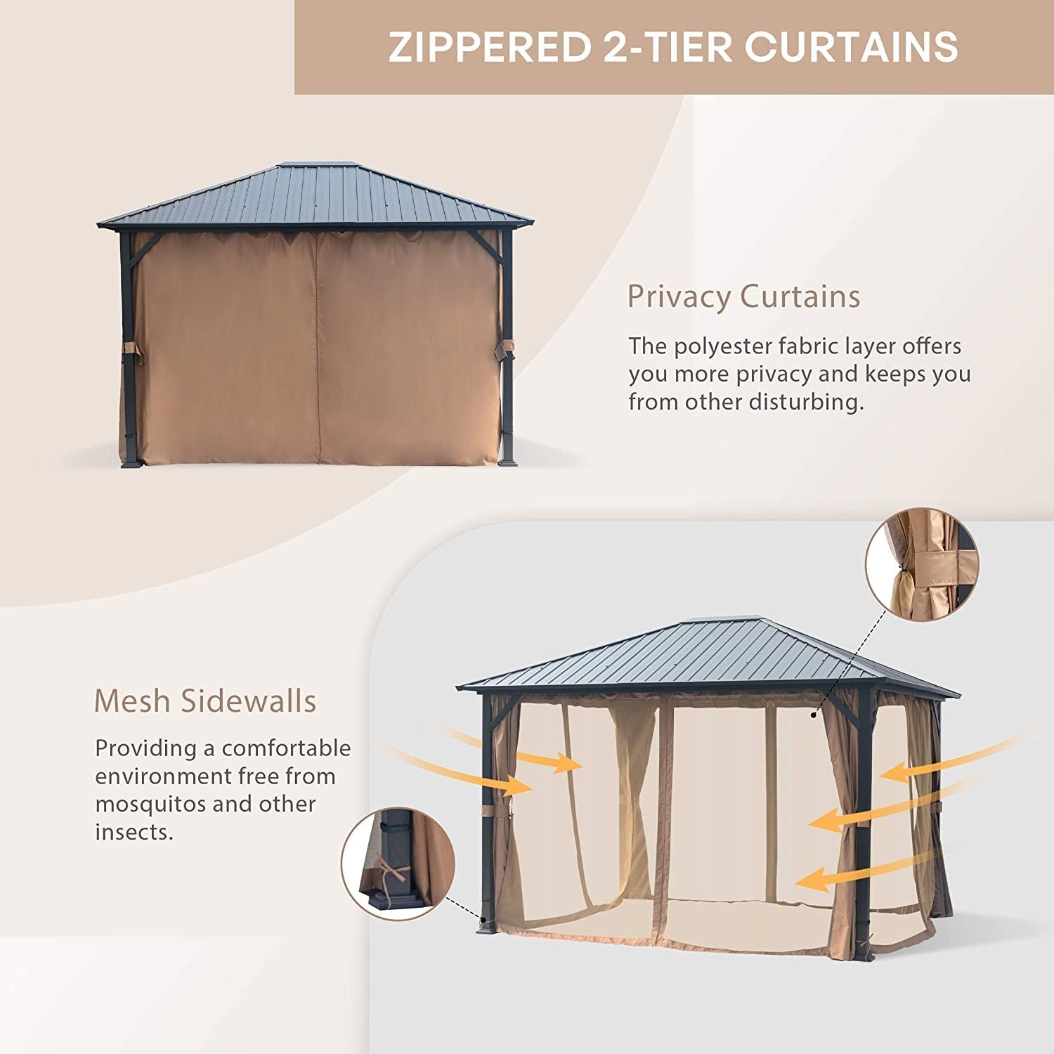 10'x12' Hardtop Gazebo, Permanent Metal Roof Gazebo with Galvanized Steel Frame & Single Roof, Outdoor Hard Top Gazebo with Nettings, Curtains and Hooks for Deck, Patio (Black)