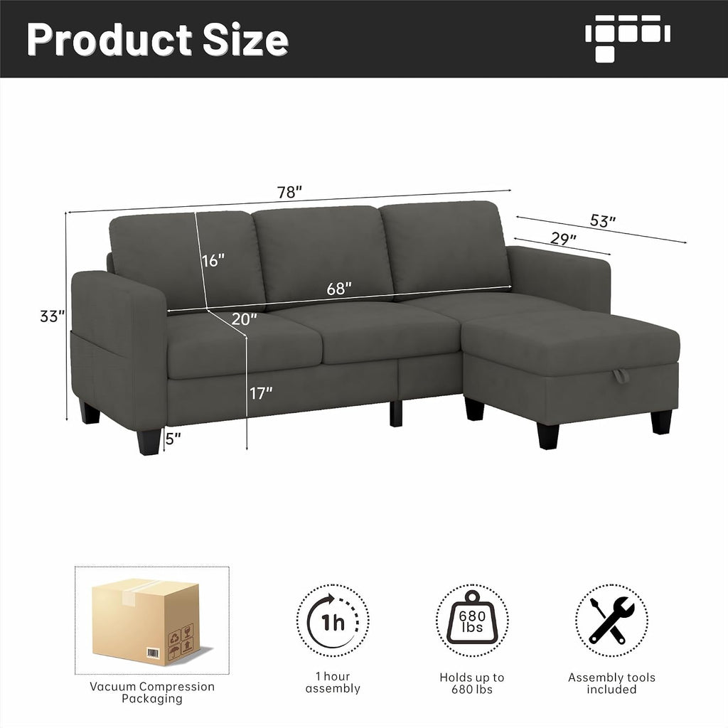 Youmumeub Sectional Couches for Living Room - Convertible Sofa and Storage Bench,79''Modern Corner Configuration,Suitable for Living Room, Apartment, Bedroom and Office-Blue-Gray | Washable Covers, Modular Sofa