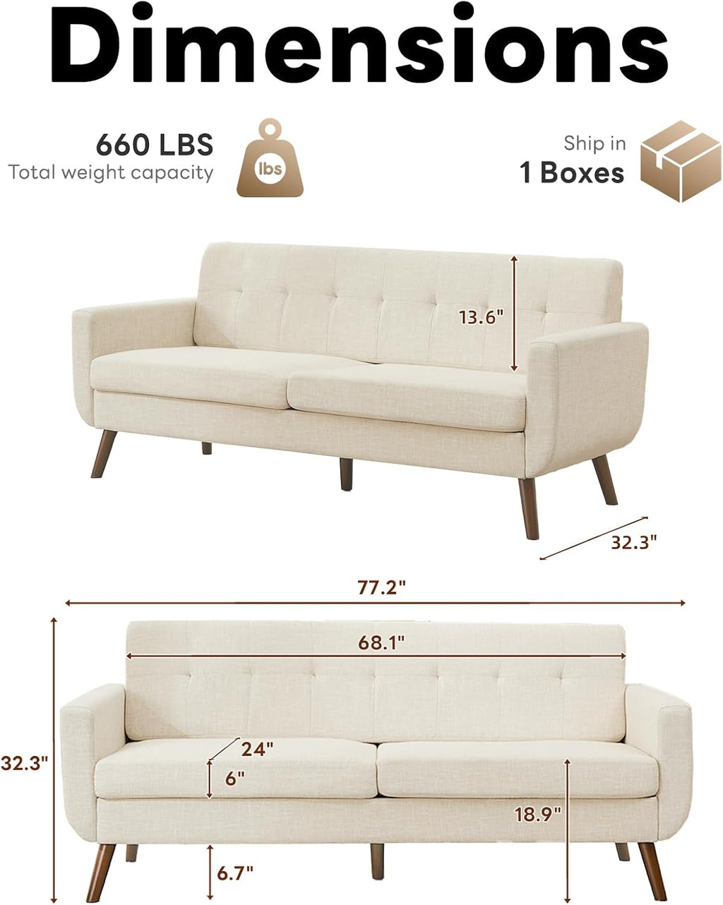 Tbfit 77' W Loveseat Sofa, Mid Century Modern Love Seat Couches for Living Room, Button Tufted Upholstered Small Sofa Couch for Bedroom, Beige