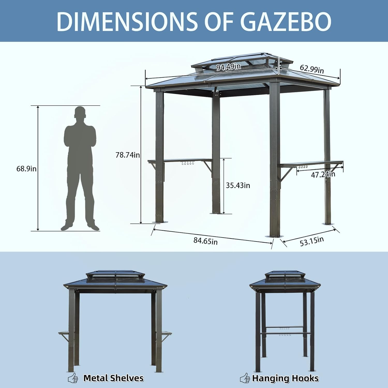 8x5 Hardtop Grill Gazebo, Vented Double Roof Polycarbonate BBQ Canopy for Outdoor Patio, Anti-UV Waterproof Shelter with Side Shelves & Hooks, Heavy Duty Steel Frame (8x5)