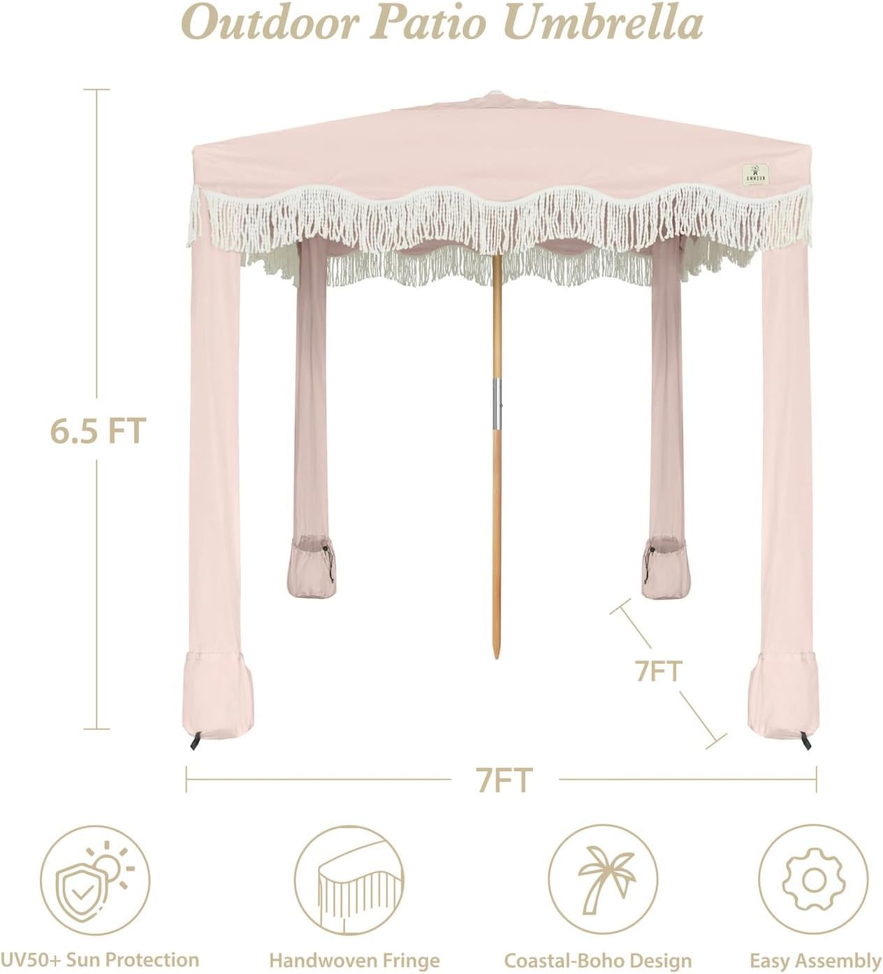 AMMSUN Beach Cabana with Fringe, 7' x 7' Boho Beach Canopy with Tassels, Easy Set up & Premium Wood Pole, Cabana Tent with Sand Pockets, Instant Sun Shade for Sand, Garden, Patio, Pink Coral