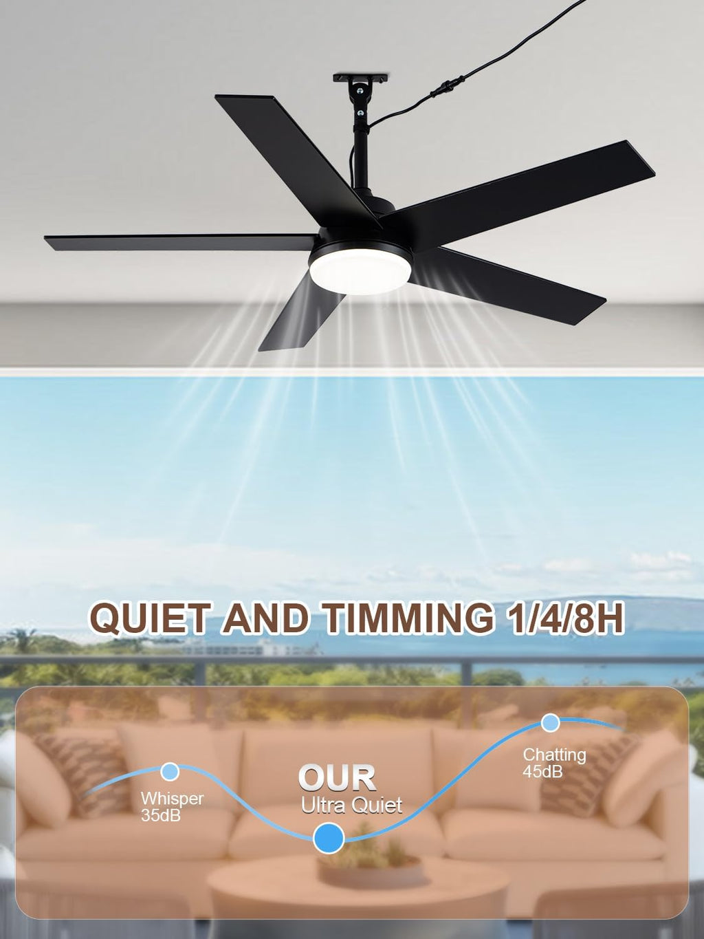 Bella Depot 48' Outdoor Ceiling Fan Black Waterproof Gazebo Fan with Light Smart App Remote Control Hanging Fan for Outside Patios Pergola Tent Plug-in Design Adjustable Brightness (48'- Black)