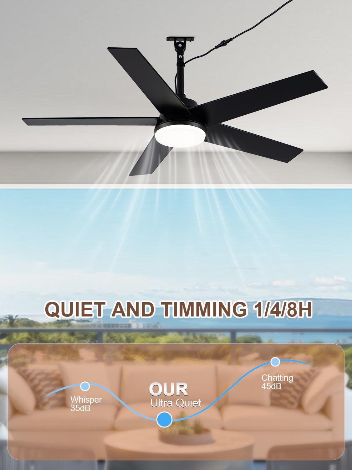 Bella Depot 48' Outdoor Ceiling Fan Black Waterproof Gazebo Fan with Light Smart App Remote Control Hanging Fan for Outside Patios Pergola Tent Plug-in Design Adjustable Brightness (48'- Black)