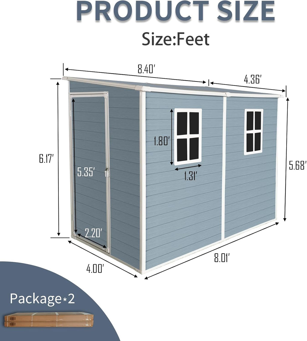 4x8 ft Outdoor Resin Storage Shed with Floor and 2 Windows, Waterproof Plastic Garden Shed with Lockable Door and Air Vents, All-Weather Tool Sheds for Backyard, Patio, Lawn (Grey)