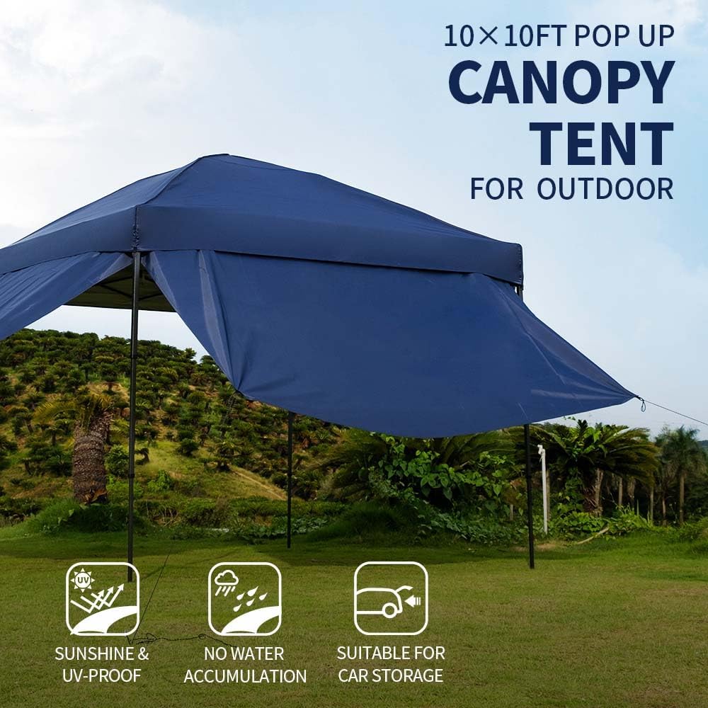 10x10 Pop Up Canopy Tent with 2 Sidewalls, Easy Up Canopy Upgraded Outdoor Party Sun Shade Tent Portable Gazebo for Beach Camping Events with Carry Bag and 4 Sand Bags (Navy Blue-New)